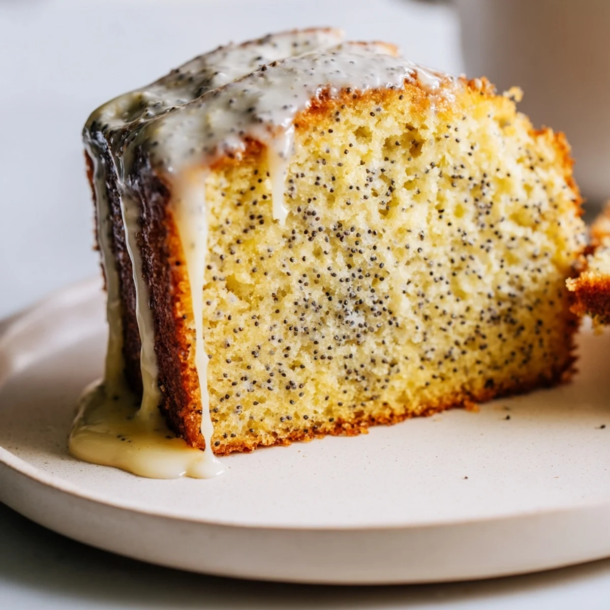 Golden lemon poppy seed loaf drizzled with white glaze on a wooden board