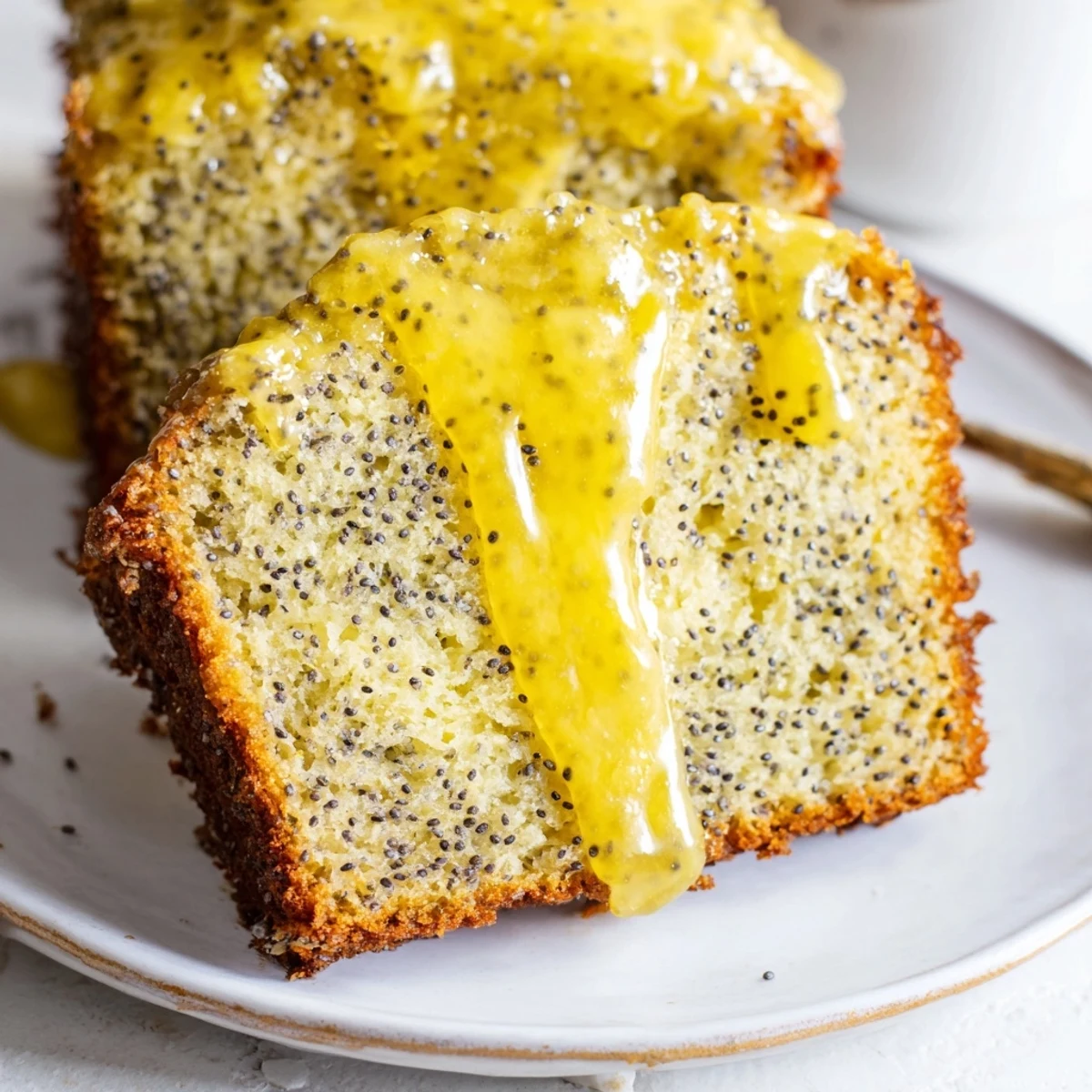 Moist lemon poppy seed cake slice showing tender crumb and scattered seeds