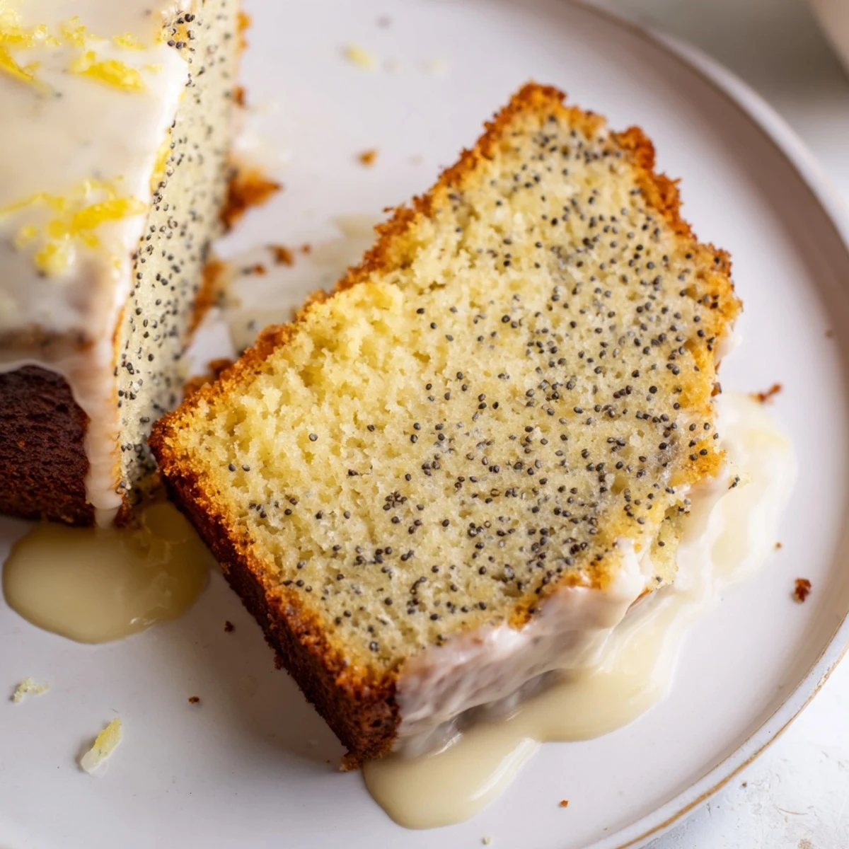 Freshly baked lemon poppy seed bread with citrus glaze on serving plate