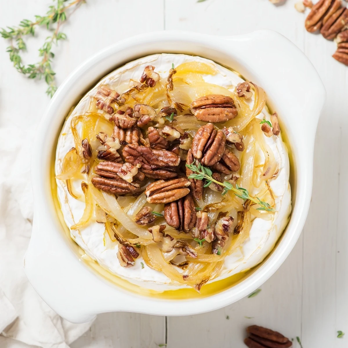 Golden wheel of baked brie with caramelized onions and crunchy toasted pecans