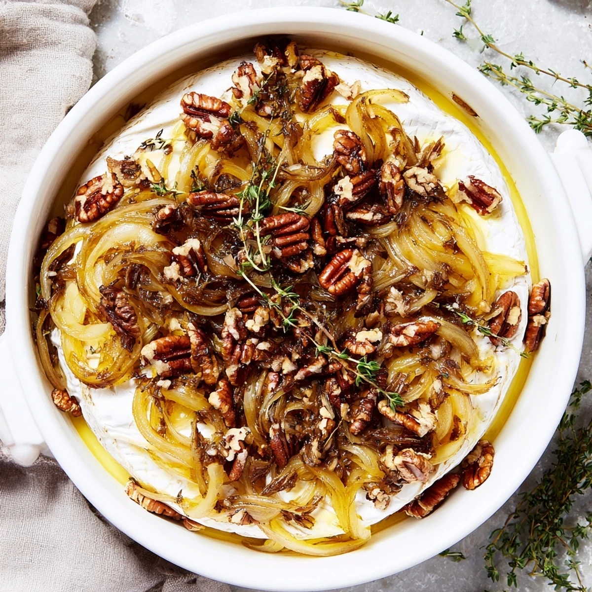 Warm baked brie oozing with sweet onions and pecans on rustic board
