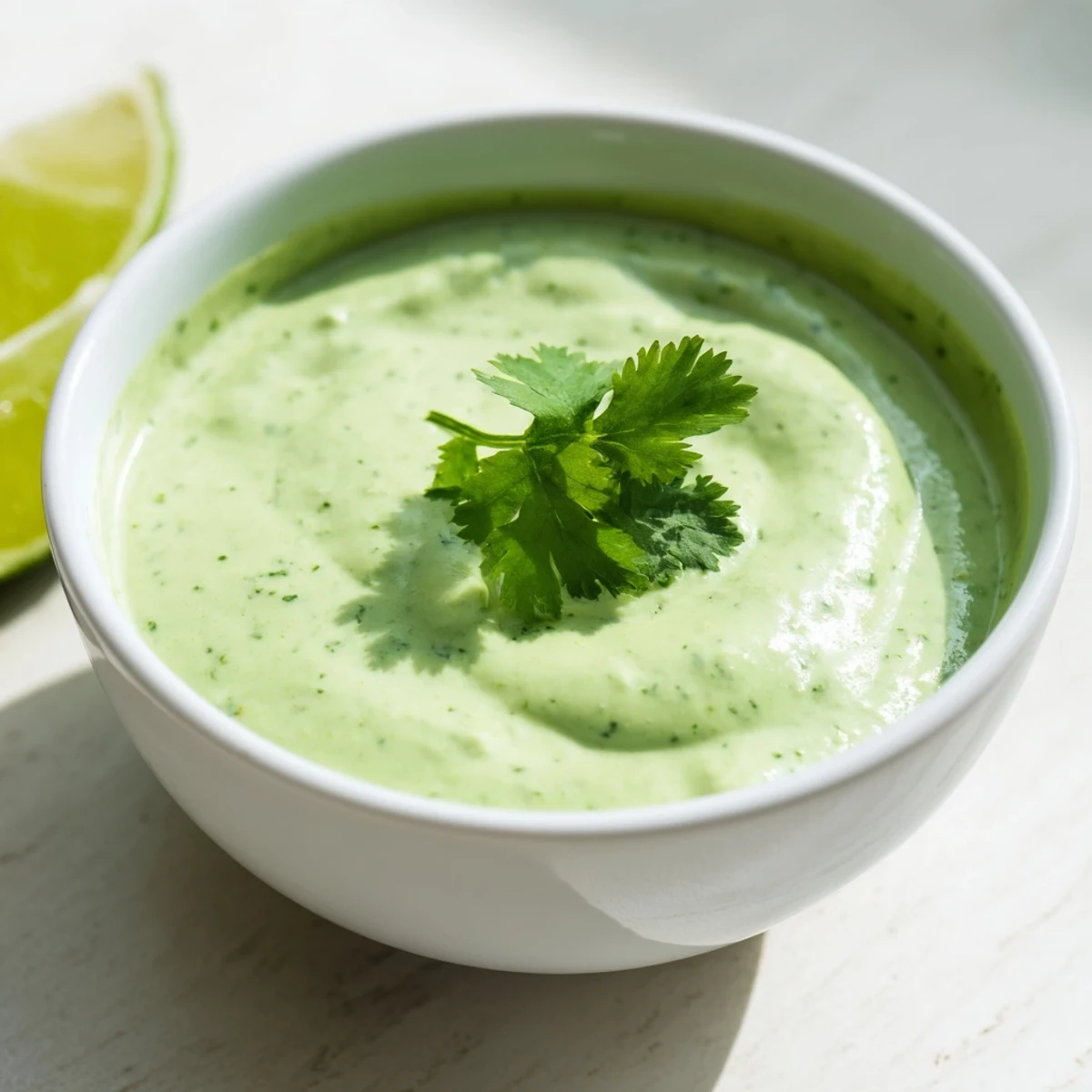 Smooth Mexican-inspired creamy cilantro lime sauce in small white dipping bowl surrounded by lime wedges and tortilla chips