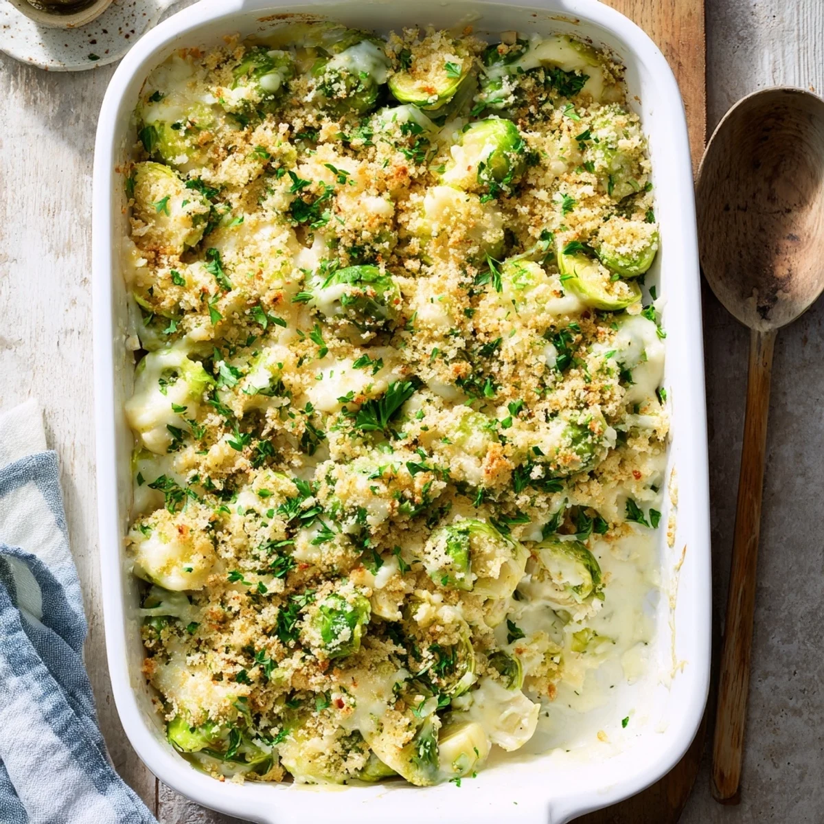 Golden bubbling creamy Parmesan Brussels sprouts casserole topped with crispy breadcrumbs and fresh parsley