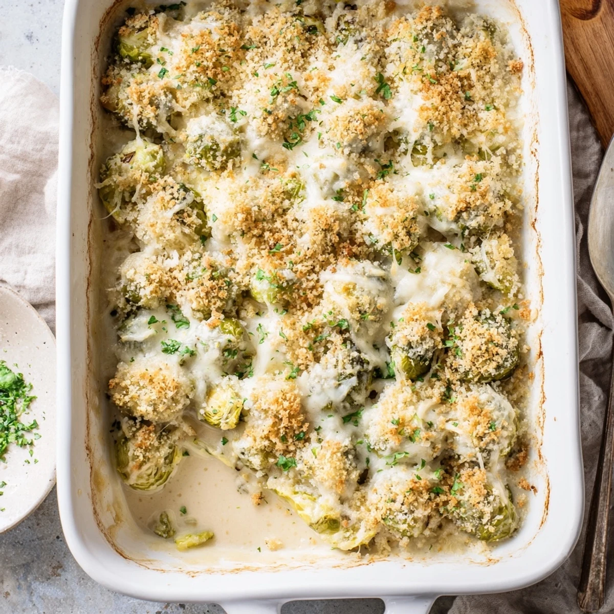 Tender halved Brussels sprouts baked in rich cheesy Parmesan sauce with melted mozzarella