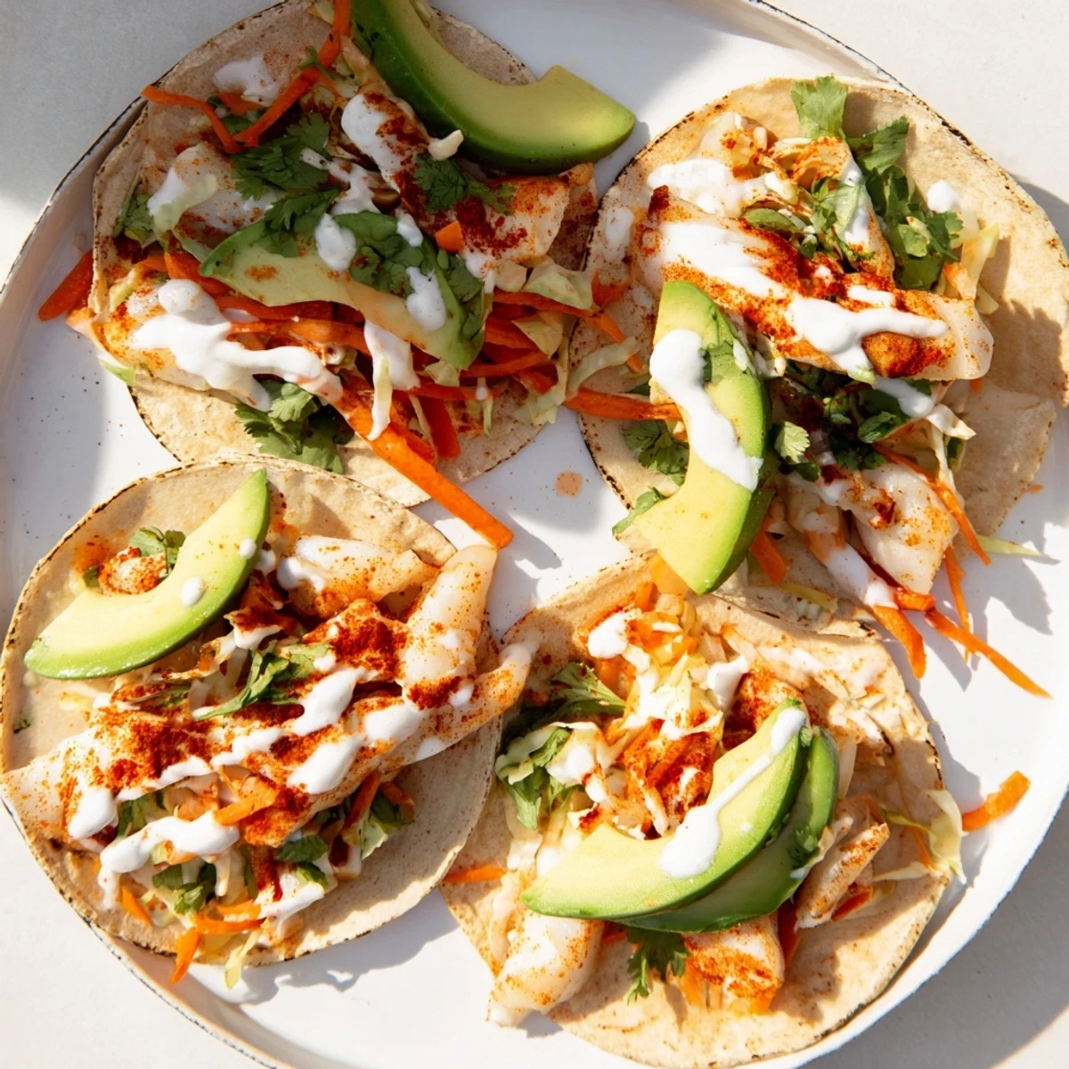 Golden baked cod fish tacos topped with colorful cabbage slaw and creamy lime crema