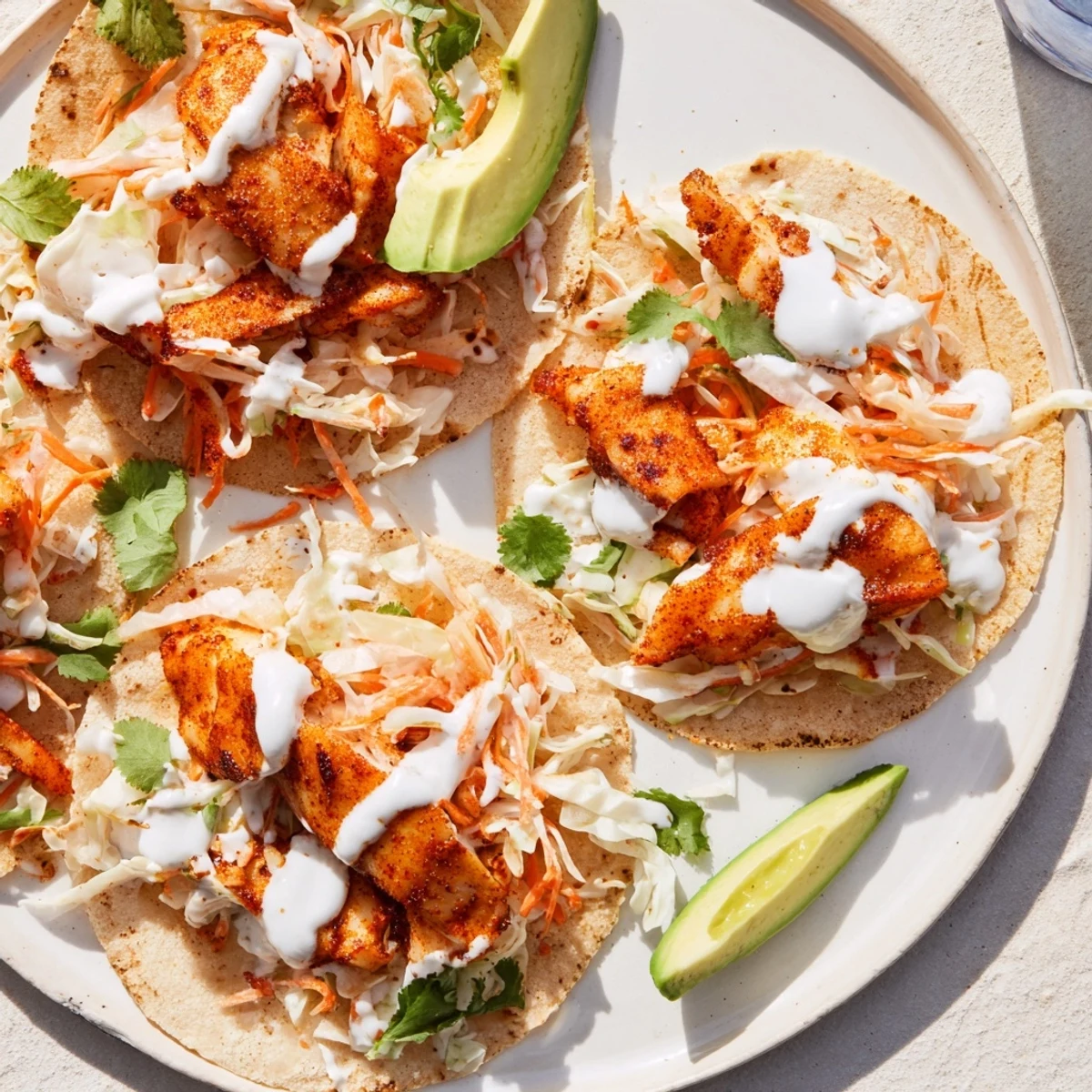 Fresh baked cod fish tacos stacked in warm tortillas with zesty lime crema drizzle