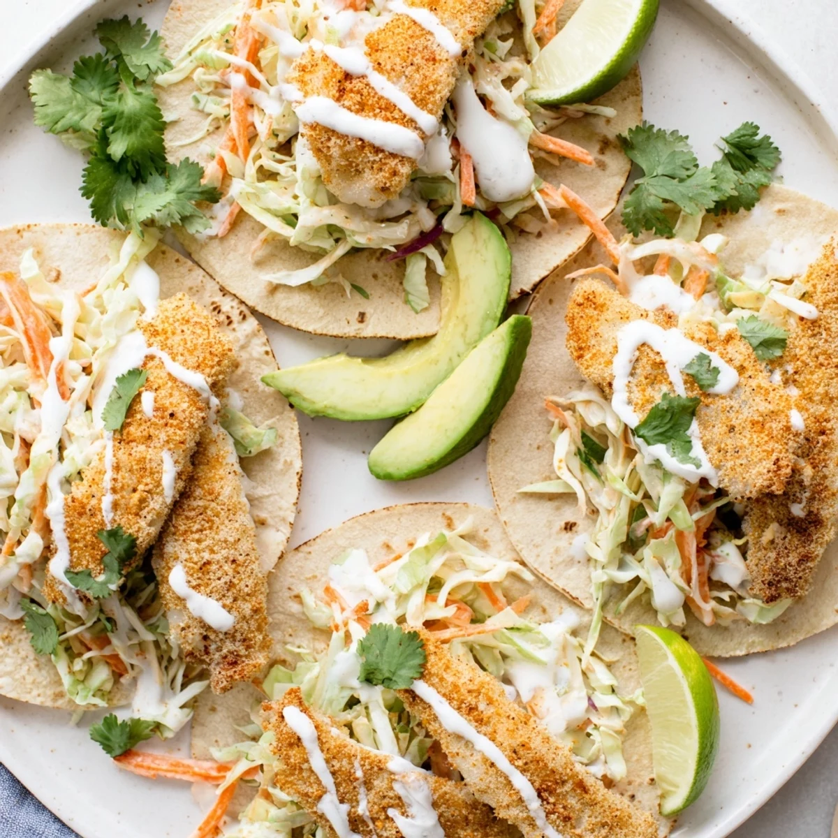 Close-up of baked cod fish tacos featuring tender flaky fish crisp slaw and tangy crema