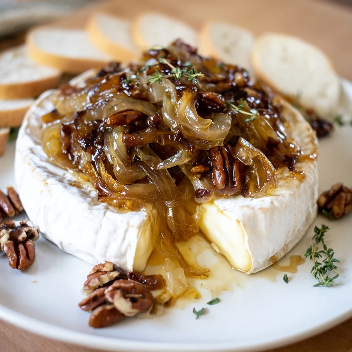 Baked Brie With Caramelized Onions And Pecans, melty center with toasted pecan crunch.