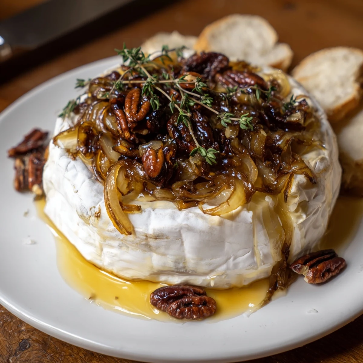 Warm Baked Brie With Caramelized Onions And Pecans topped with fresh thyme, sliced baguette.