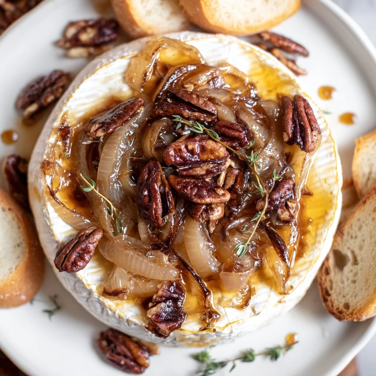Spoon-ready Baked Brie With Caramelized Onions And Pecans drizzled with honey, served with apples.