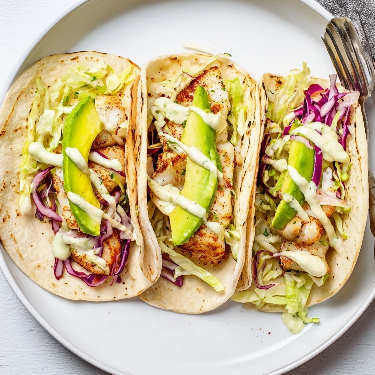 Baked Cod Fish Tacos with Creamy Cilantro Lime Sauce, flaky fish, tangy lime drizzle