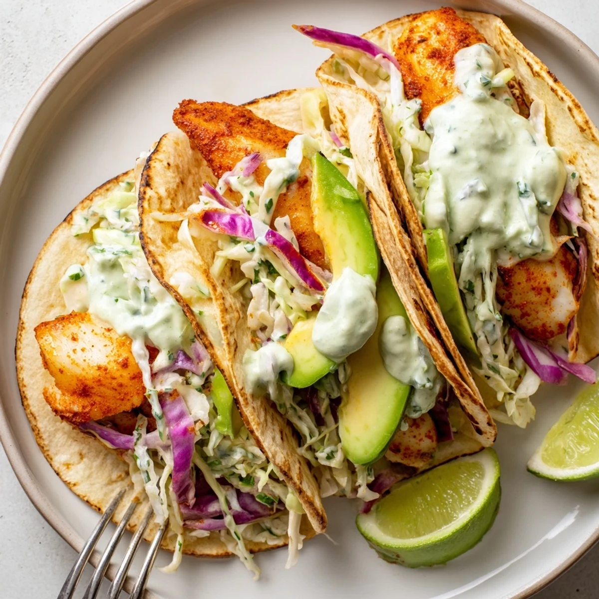 Warm tortillas holding Baked Cod Fish Tacos with Creamy Cilantro Lime Sauce, crisp slaw