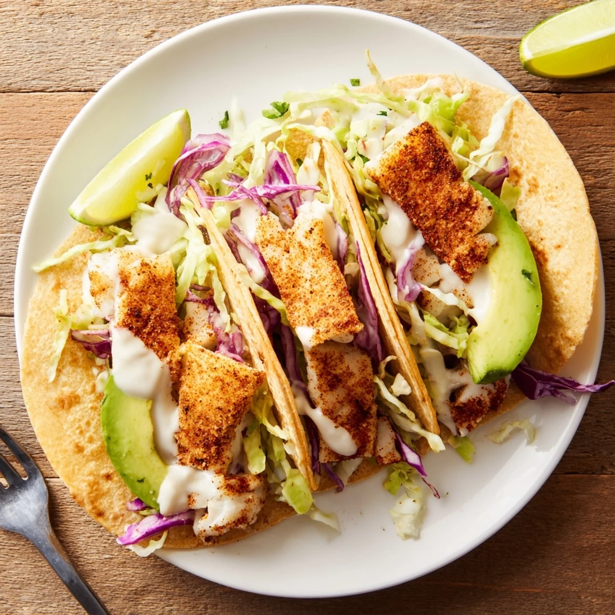 Crisp cabbage and avocado in Baked Cod Fish Tacos with Creamy Cilantro Lime Sauce