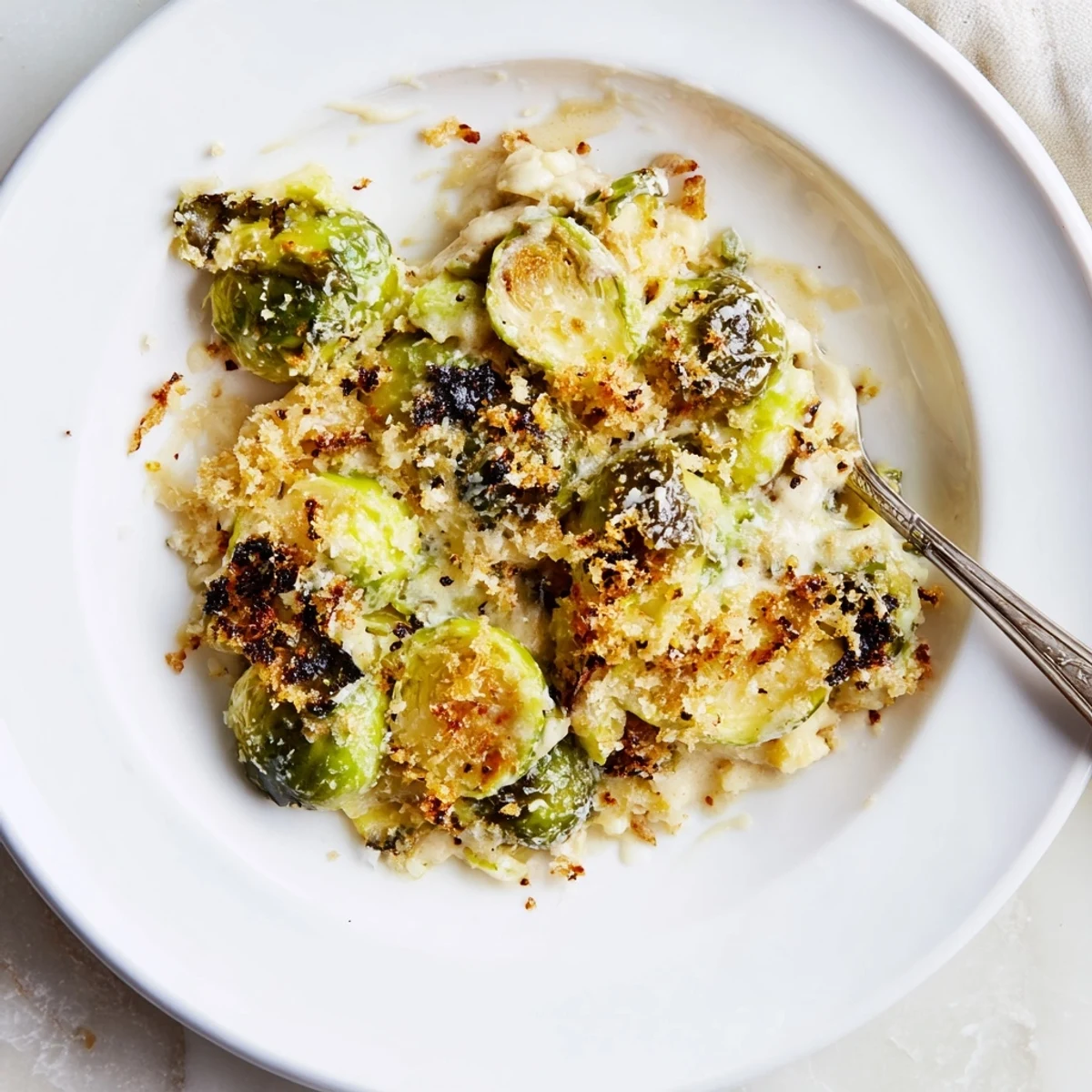 Creamy Parmesan Brussels Sprouts Casserole bubbling with golden breadcrumb topping, aromatic cheese  