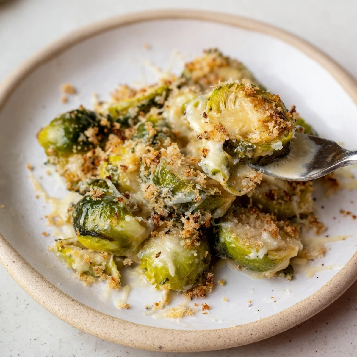 A steaming serving of Creamy Parmesan Brussels Sprouts Casserole on rustic platter  