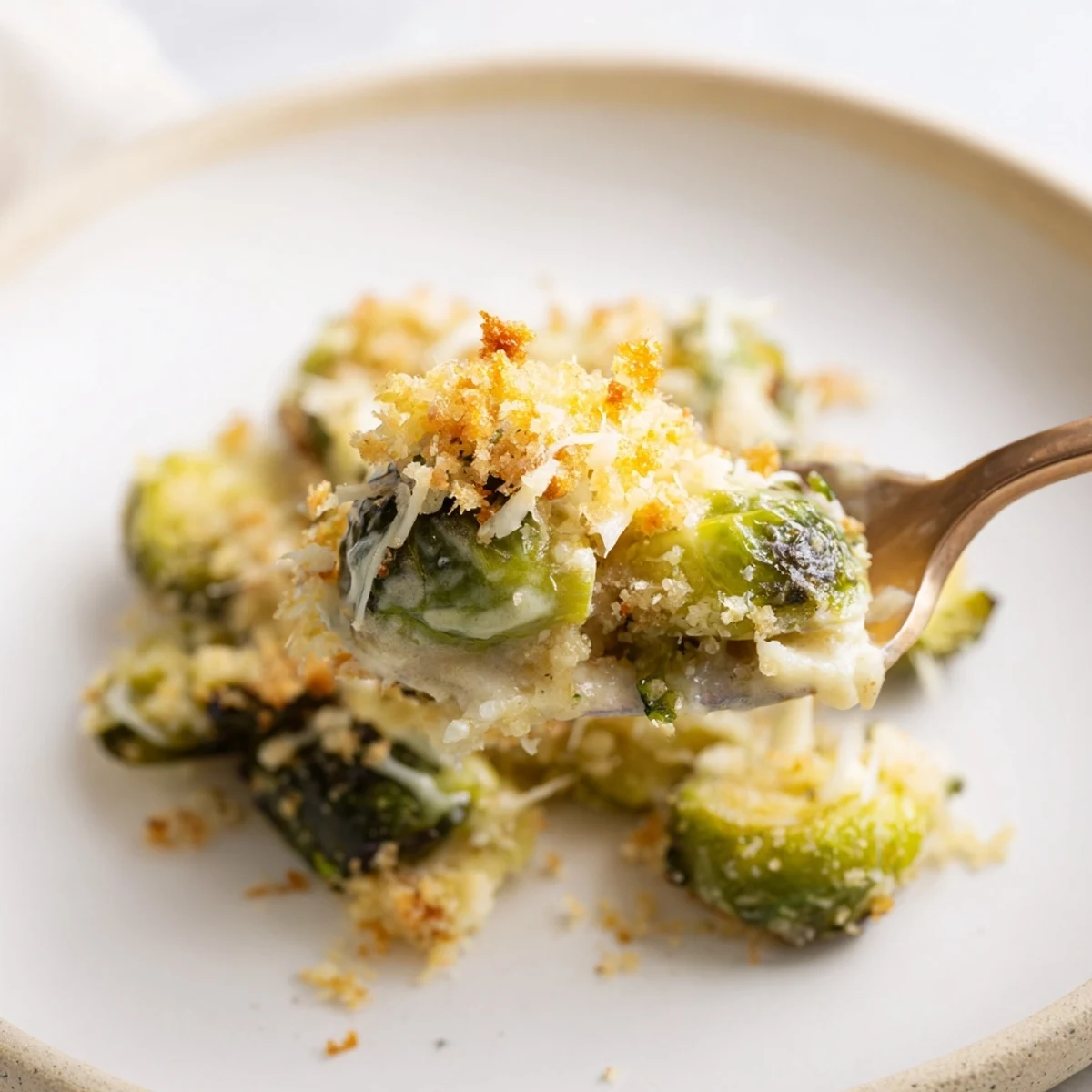 Oven-browned Creamy Parmesan Brussels Sprouts Casserole with crispy panko topping, perfect with roast chicken