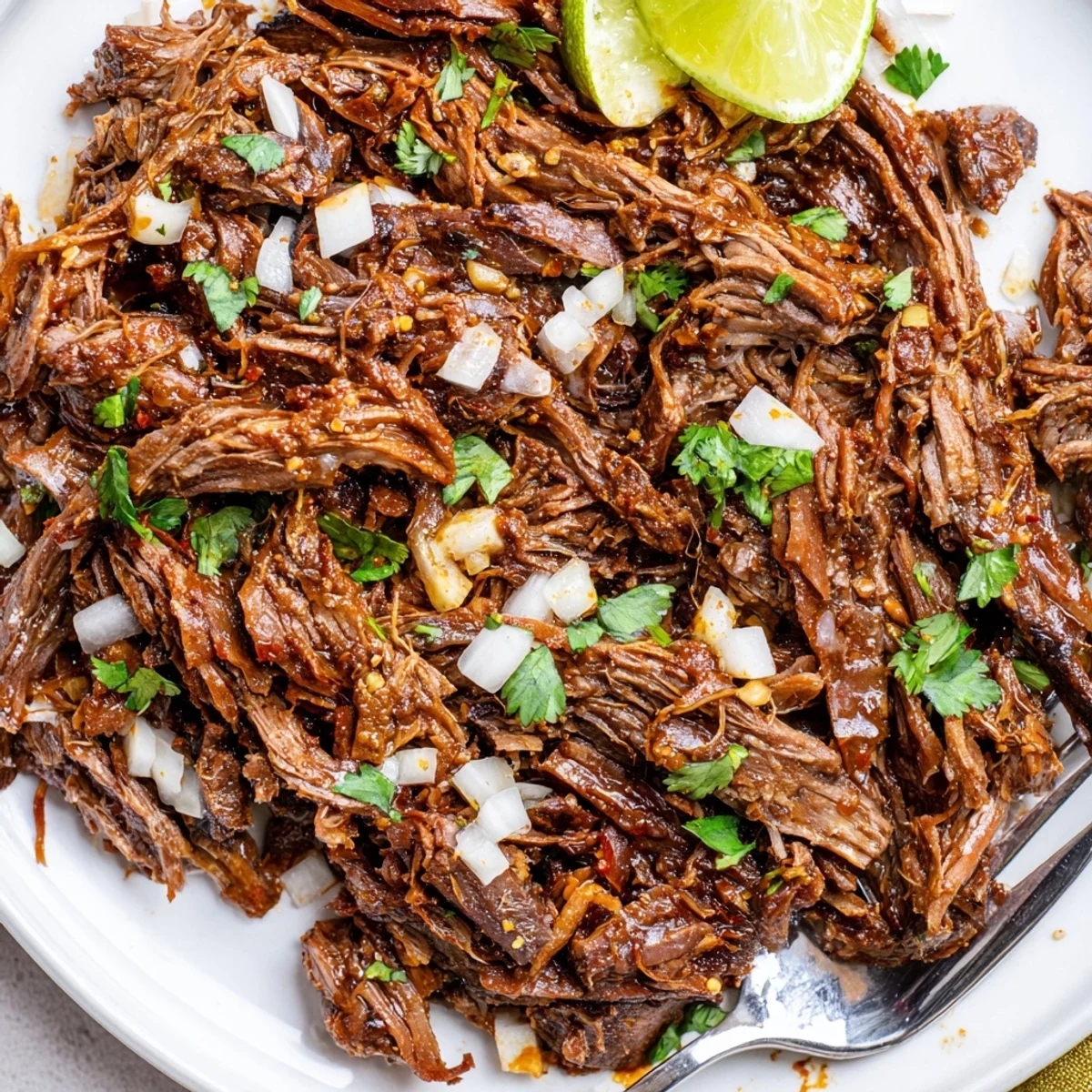 Slow Cooker Beef Barbacoa steaming tender, shredded beef with cilantro and lime.