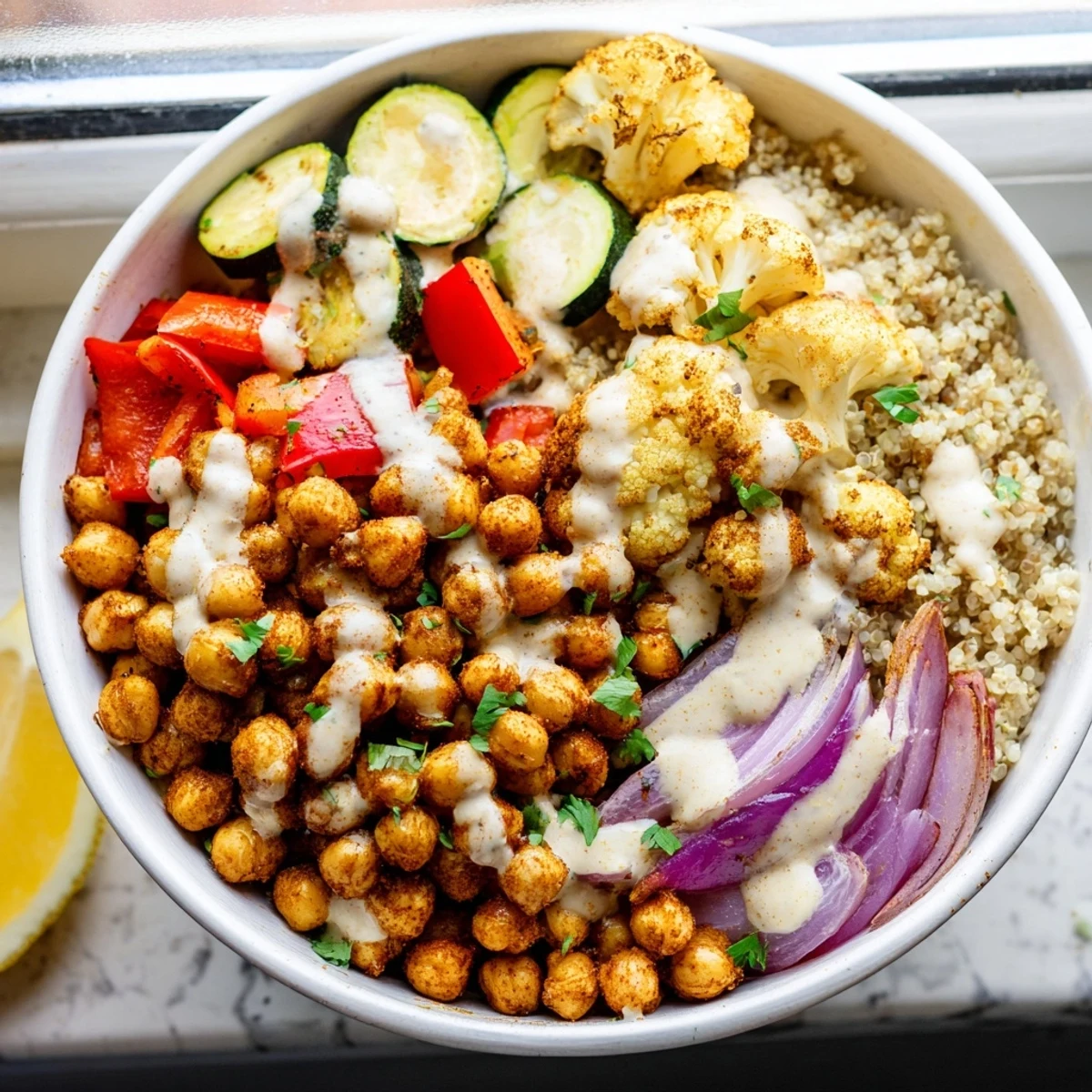 Golden roasted Moroccan chickpea bowl topped with colorful vegetables and creamy tahini sauce