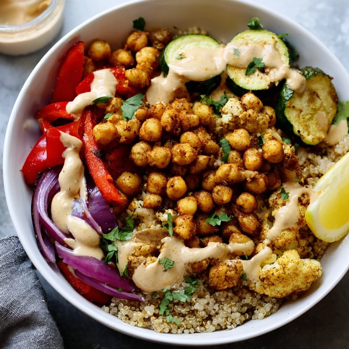 Warm spiced Moroccan chickpea bowl served over fluffy quinoa with fresh herbs and lemon wedges