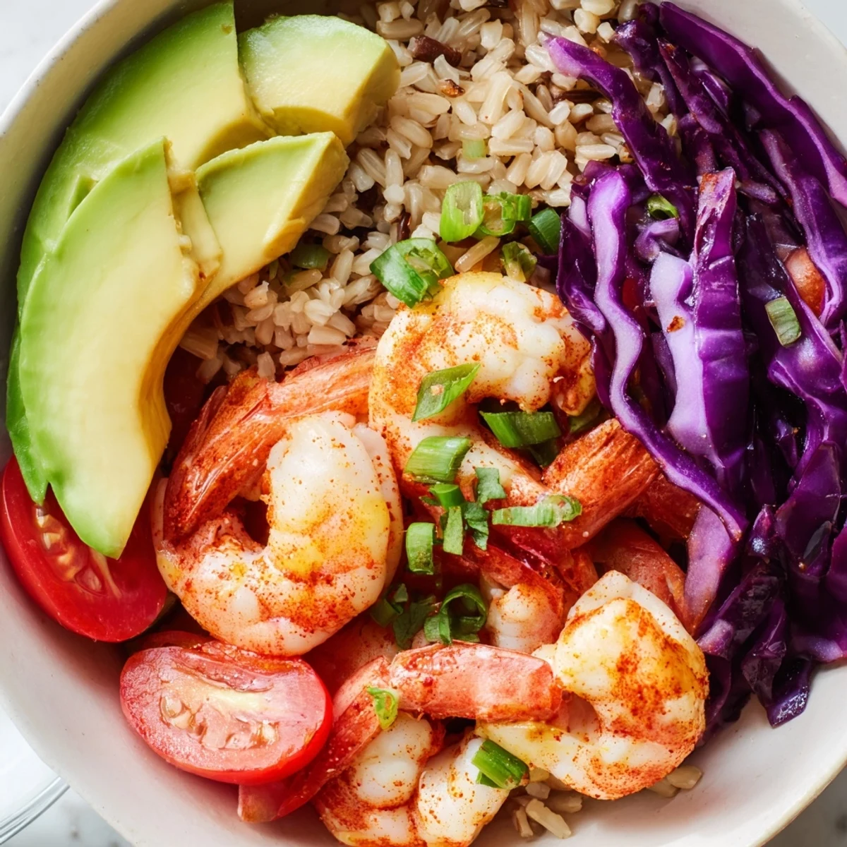 Smoky paprika shrimp grain bowl topped with fresh avocado and colorful crisp vegetables