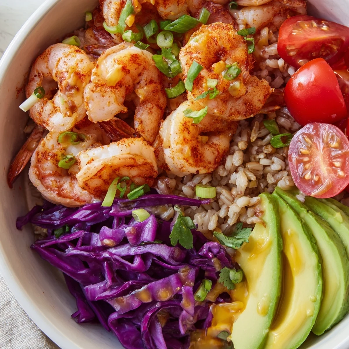 Sizzling shrimp grain bowl drizzled with tangy honey lime dressing over tender brown rice