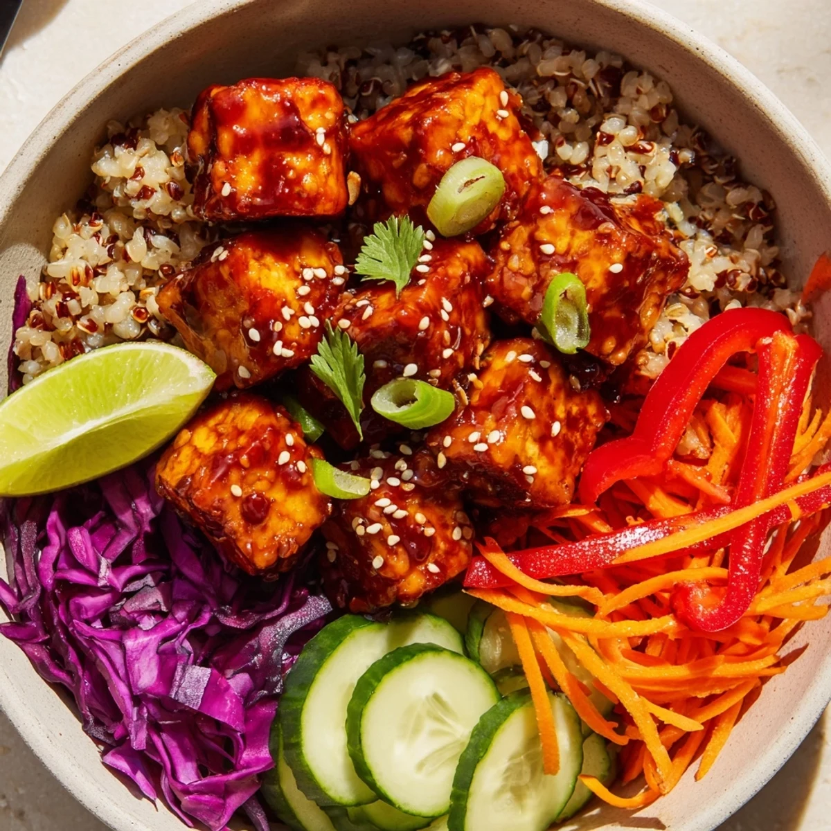 Crispy golden spicy tofu grain bowl topped with vibrant shredded vegetables and sesame seeds