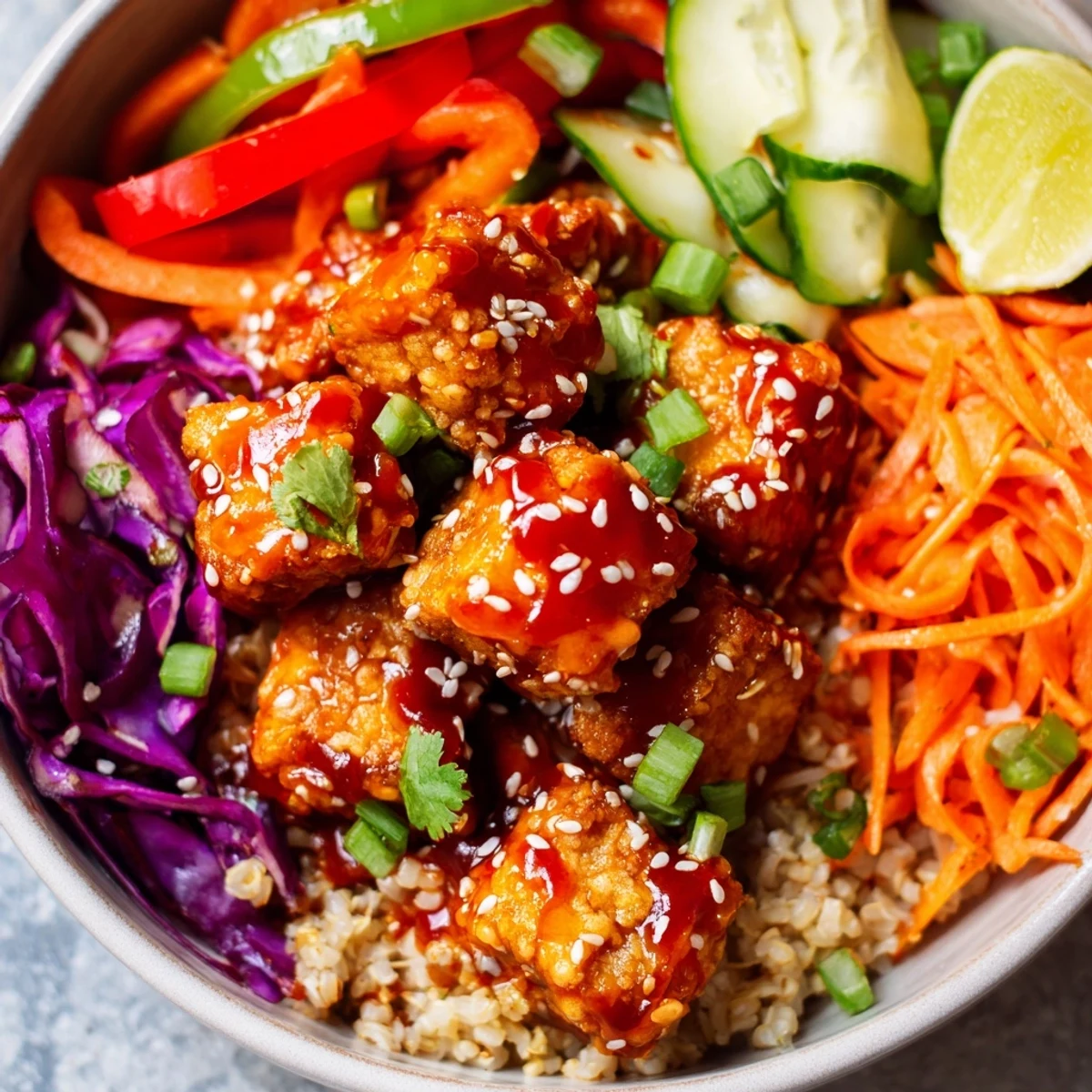 Spicy tofu grain bowl drizzled with zesty chili sauce over fluffy brown rice and fresh veggies