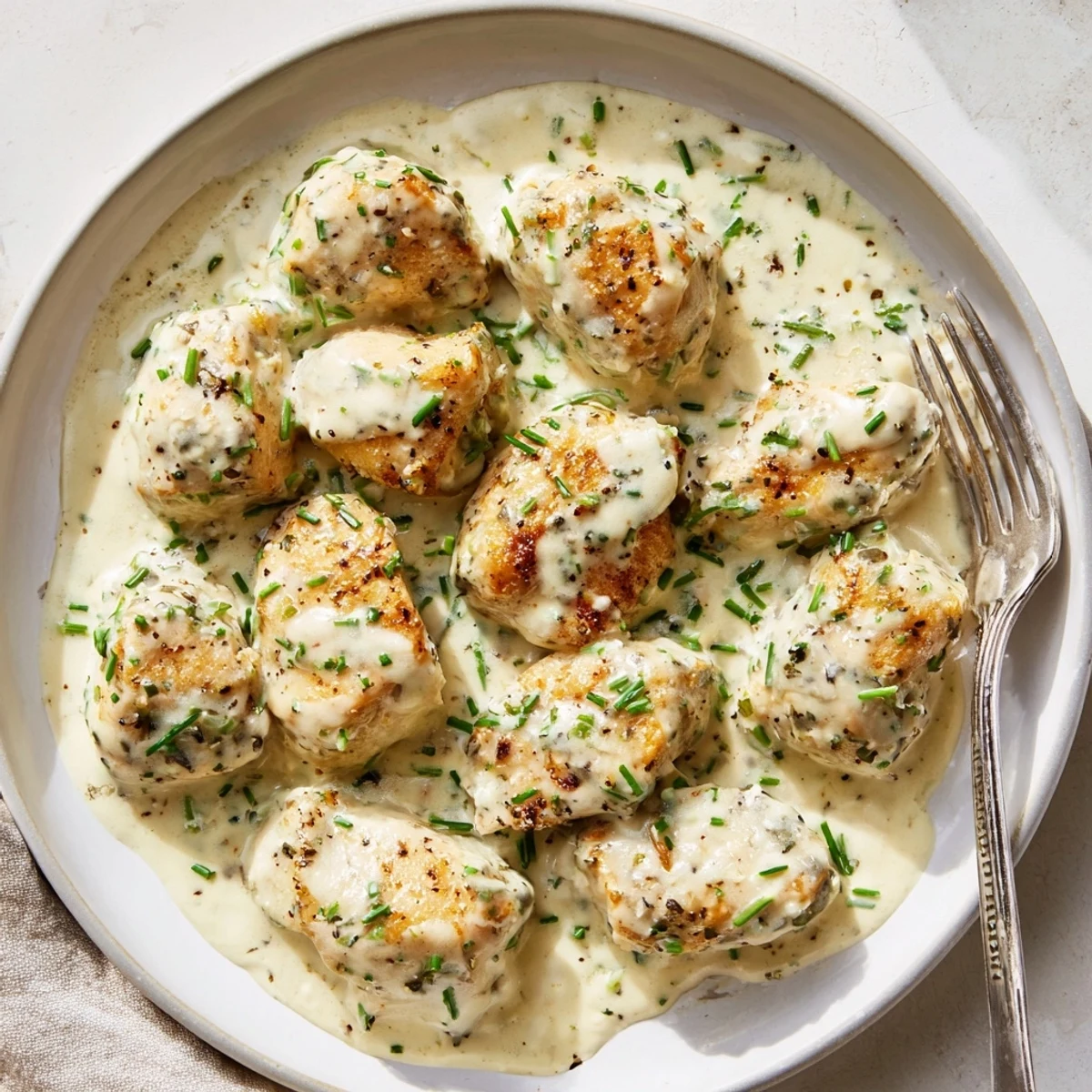Golden seared cream cheese chicken nestled in rich Parmesan sauce with fresh chives