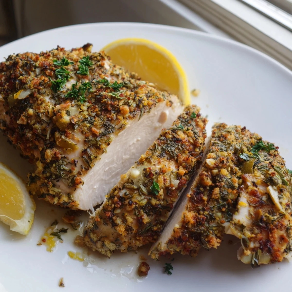 Golden savory garlic herb chicken fresh from the oven with fragrant rosemary and thyme