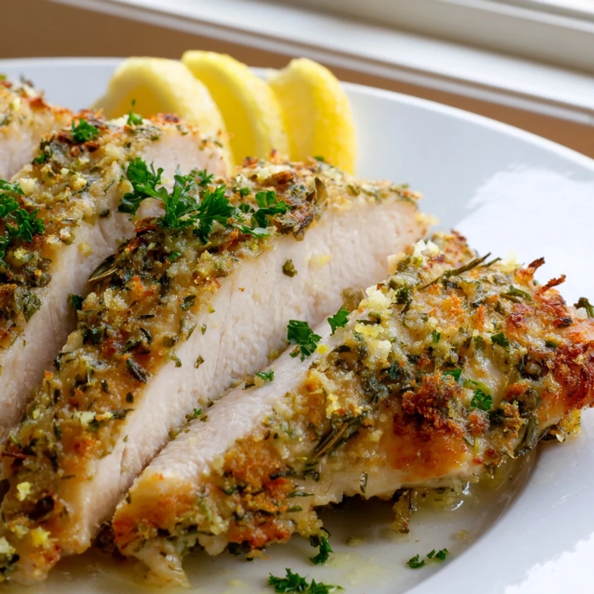 Juicy savory garlic herb chicken sliced open showing tender herb-crusted meat on a white plate