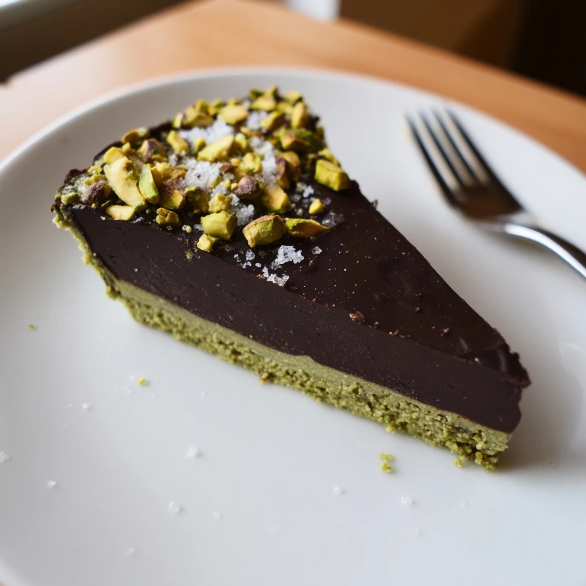 Silky dark chocolate pistachio tart sliced on a rustic wooden serving board
