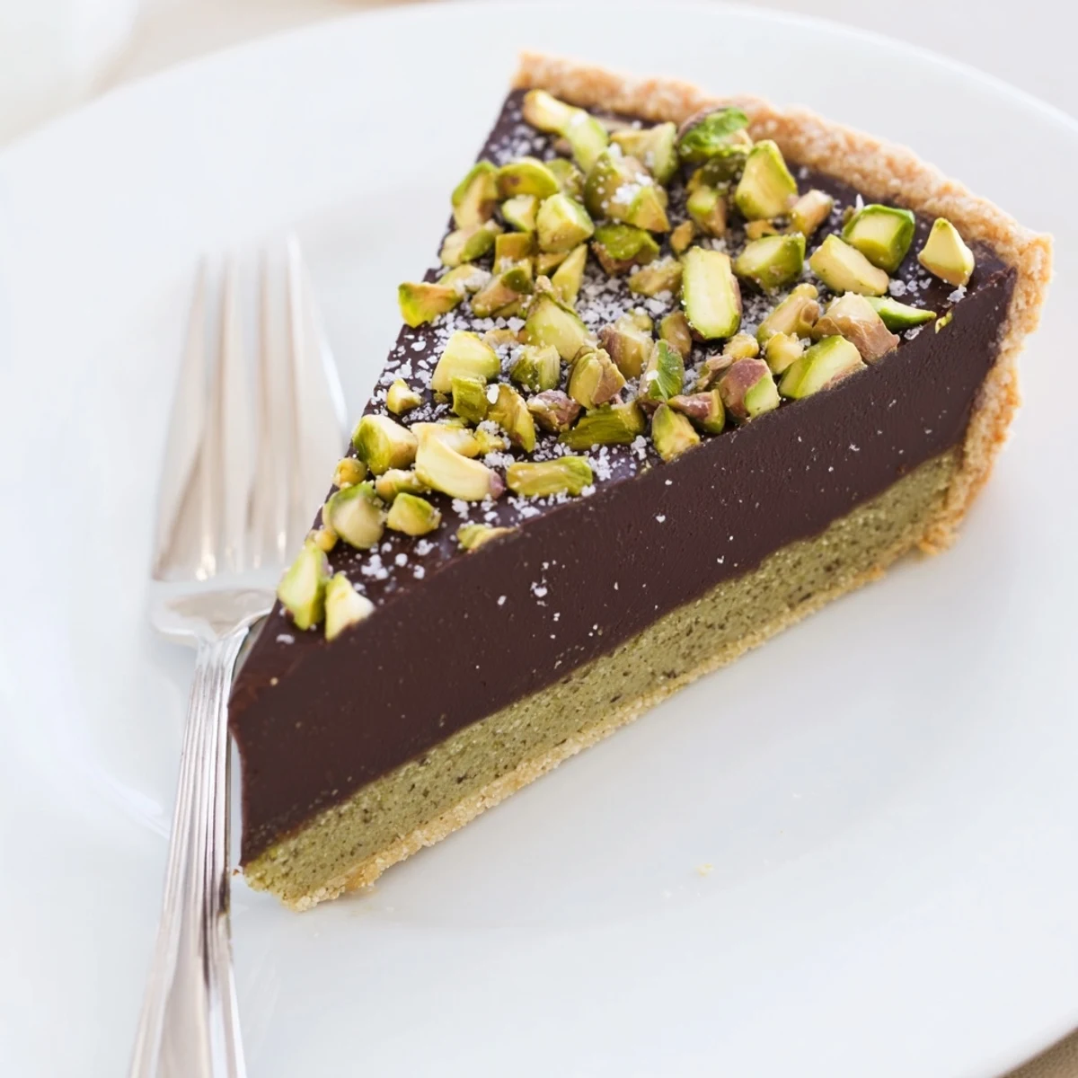 Elegant dark chocolate pistachio tart with creamy ganache filling on a white dessert plate