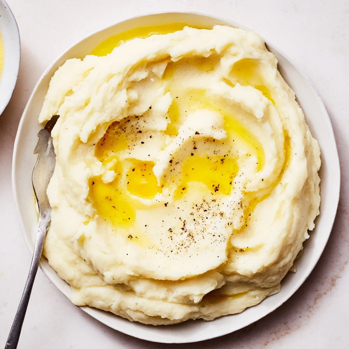 Creamy velvety mashed potatoes piled in a bowl with melted butter pooling on top