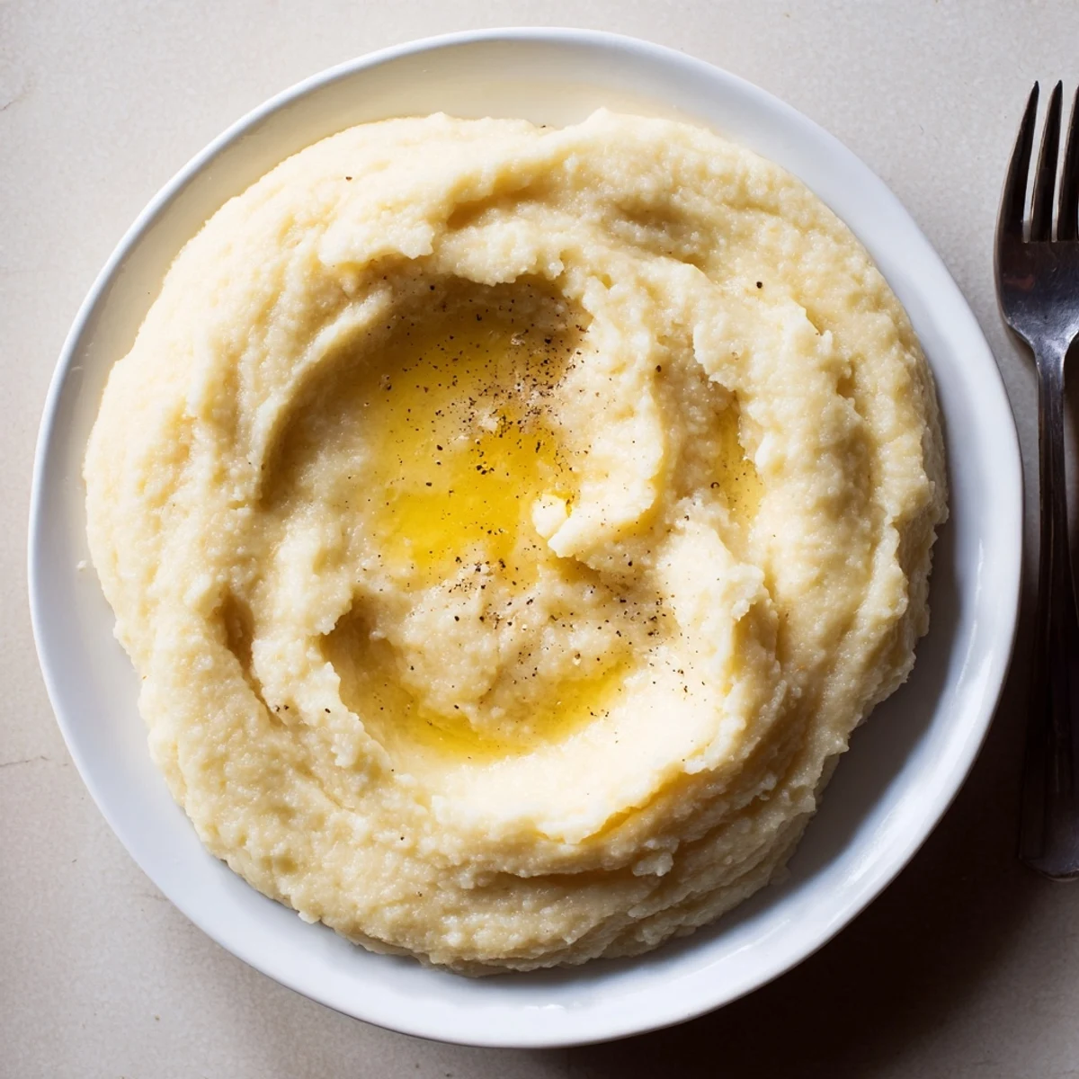 Golden velvety mashed potatoes spooned onto a plate beside roasted meat and gravy