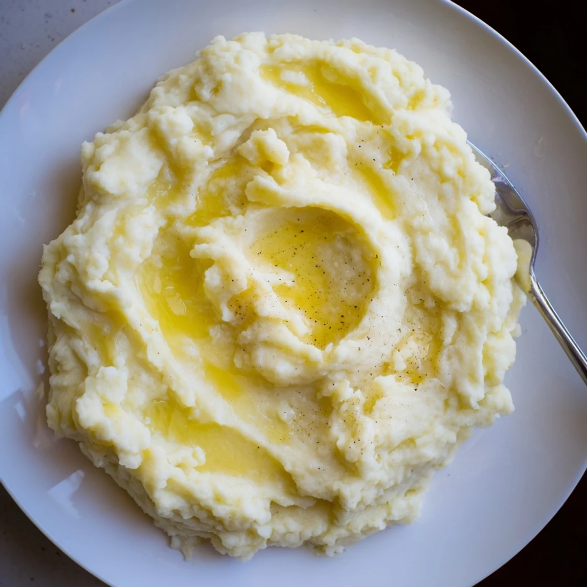 Smooth velvety mashed potatoes whipped with butter and cream served steaming hot