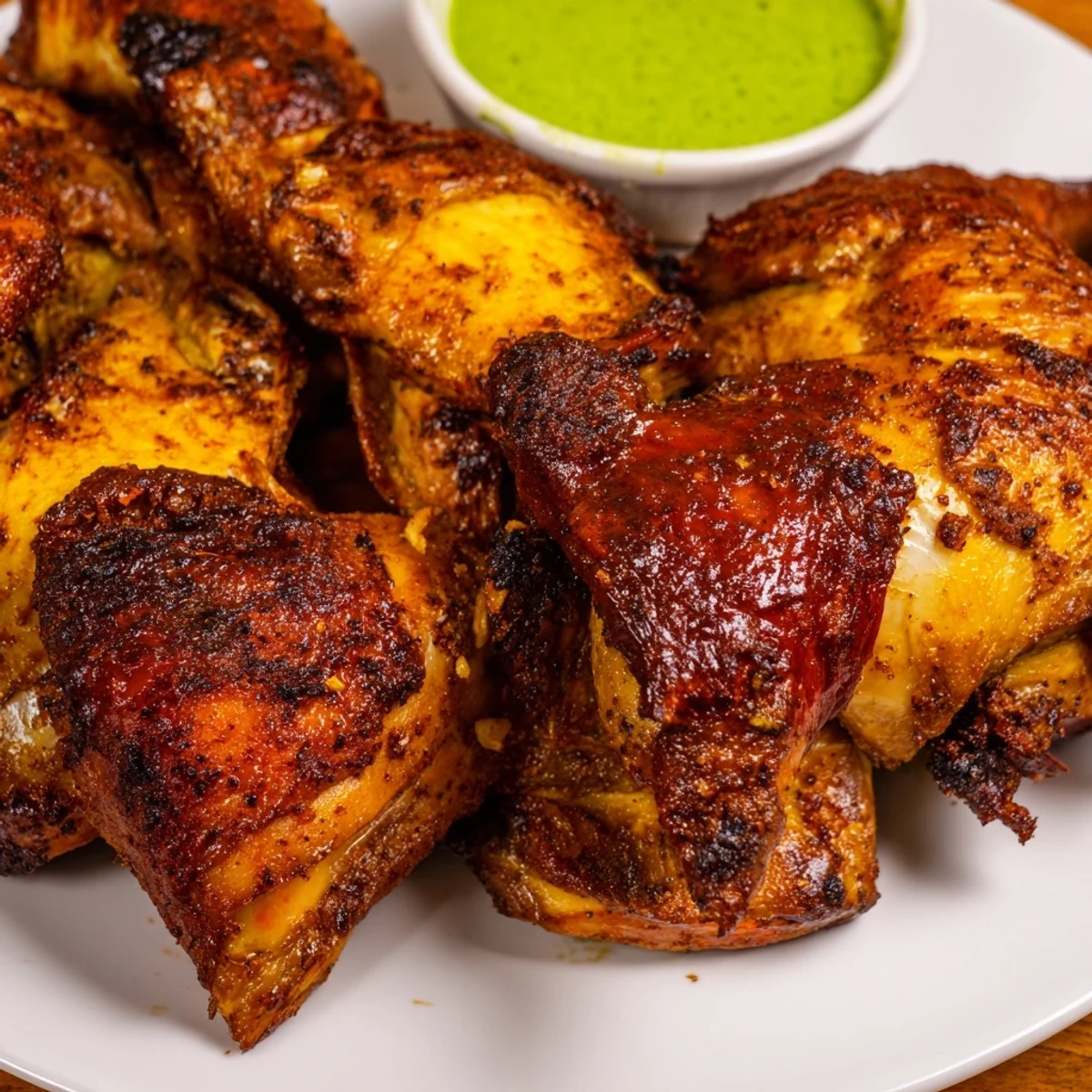 Golden Peruvian Chicken Delight with crispy herb-marinated skin on a rustic platter