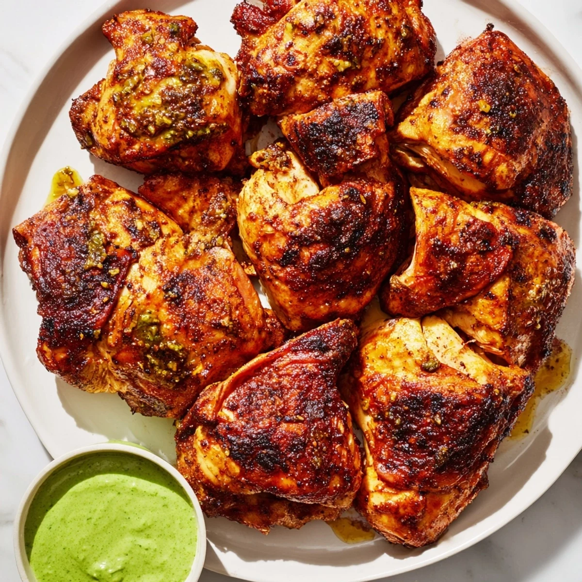 Tender Peruvian Chicken Delight fresh from the oven alongside roasted potatoes and cilantro sauce