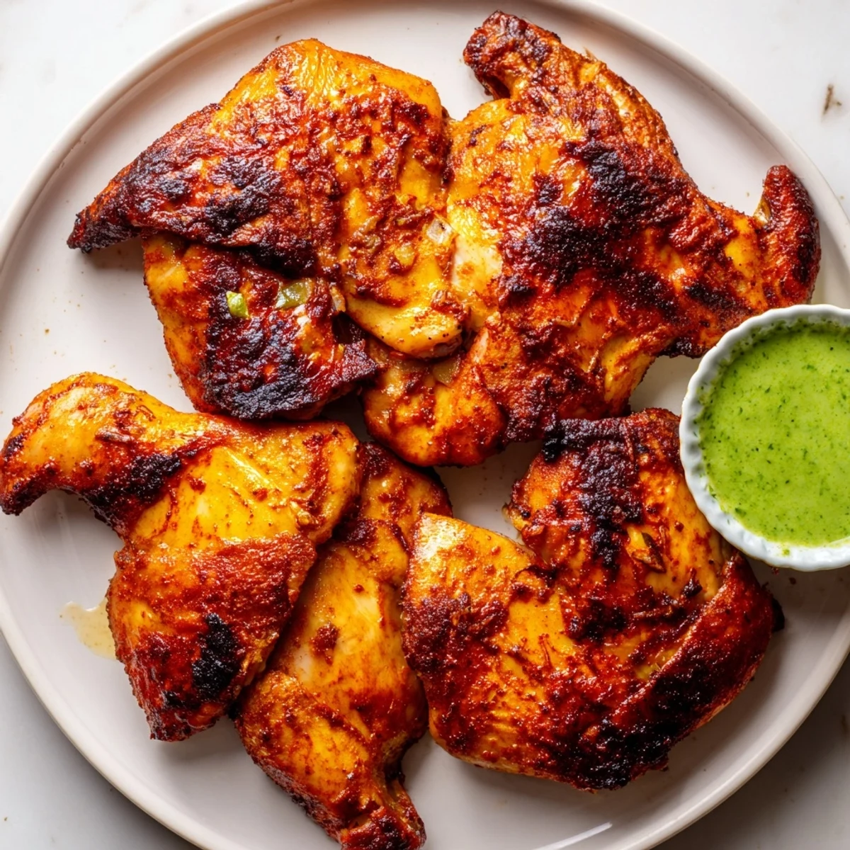 Juicy Peruvian Chicken Delight carved and served with vibrant creamy green sauce