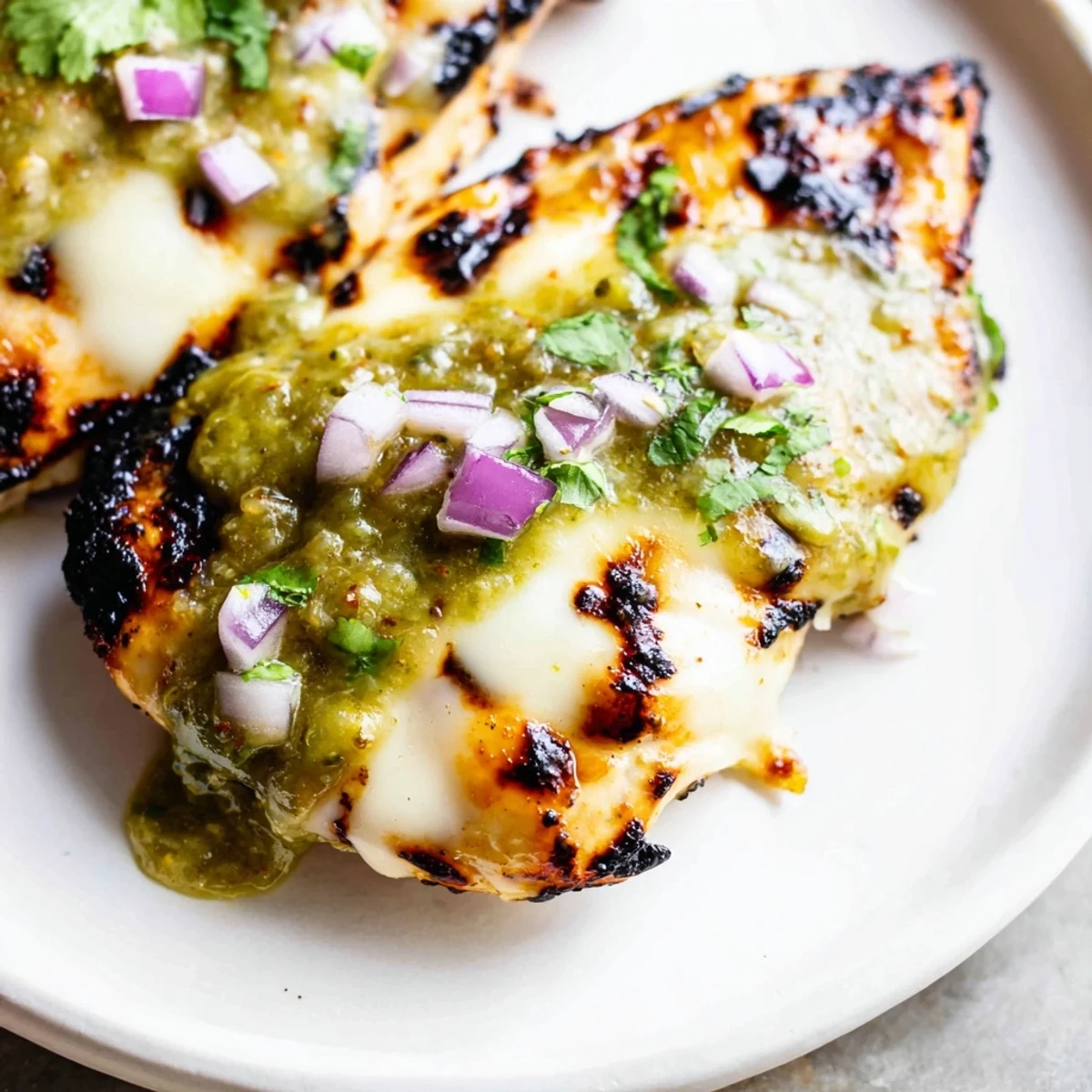 Juicy grilled salsa verde pepper jack chicken with melted cheese and fresh cilantro