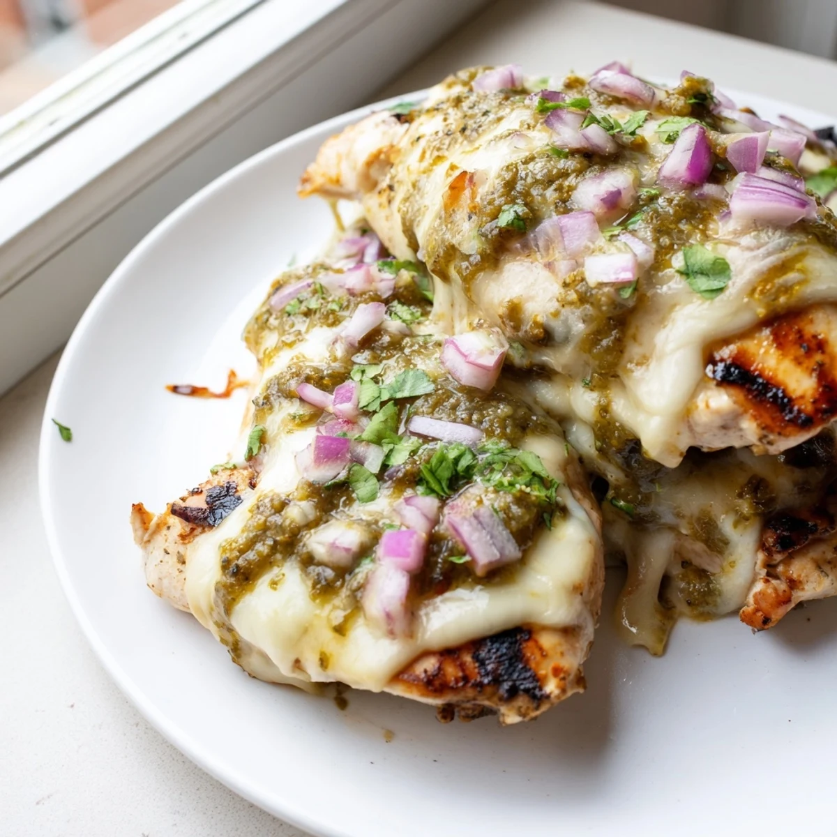 Golden grilled salsa verde pepper jack chicken draped in melted cheese alongside red onion