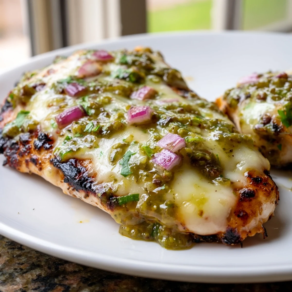 Smoky salsa verde pepper jack chicken topped with bubbling cheese and bright lime