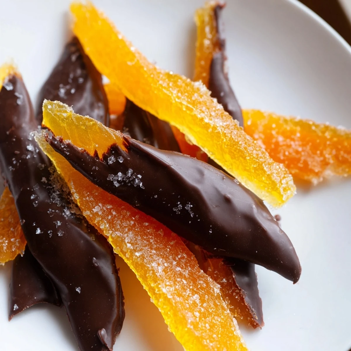 Glistening chocolate covered orange peels arranged on parchment with flaky sea salt