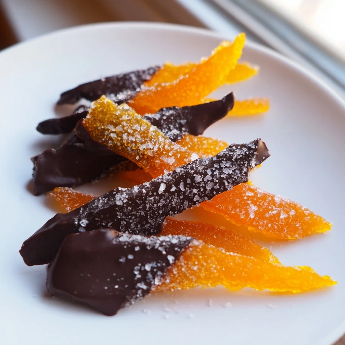 Candied chocolate covered orange peels dipped halfway in glossy dark chocolate