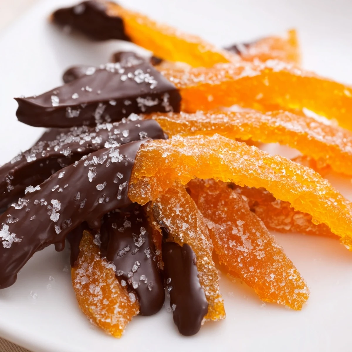 Rich dark chocolate covered orange peels garnished with sea salt crystals