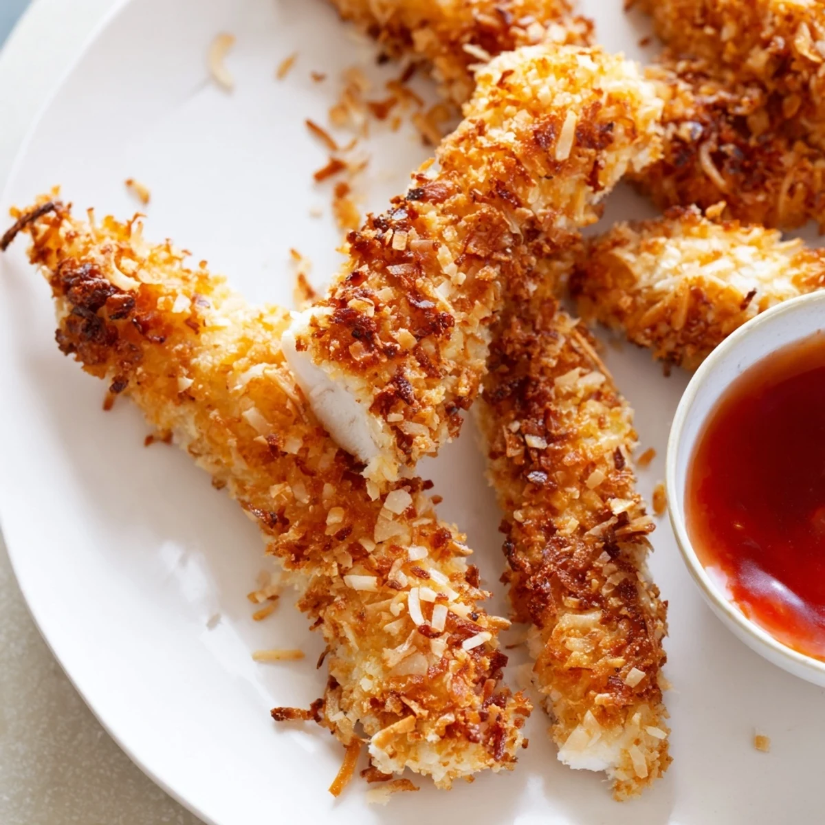 Golden coconut chicken strips arranged on a platter with sweet chili dipping sauce