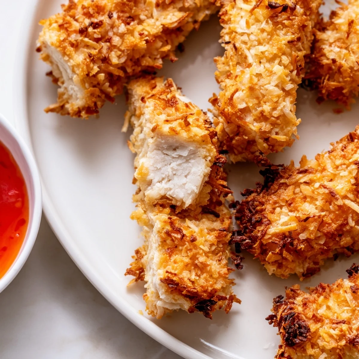 Crispy coconut chicken tenders fresh from the oven with a tropical golden crust