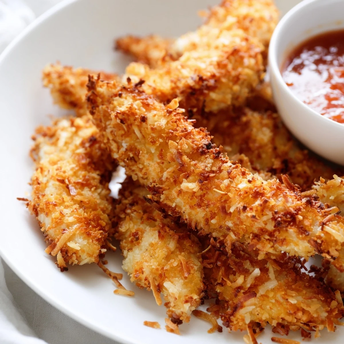 Crunchy coconut chicken pieces served alongside mango chutney on a rustic plate