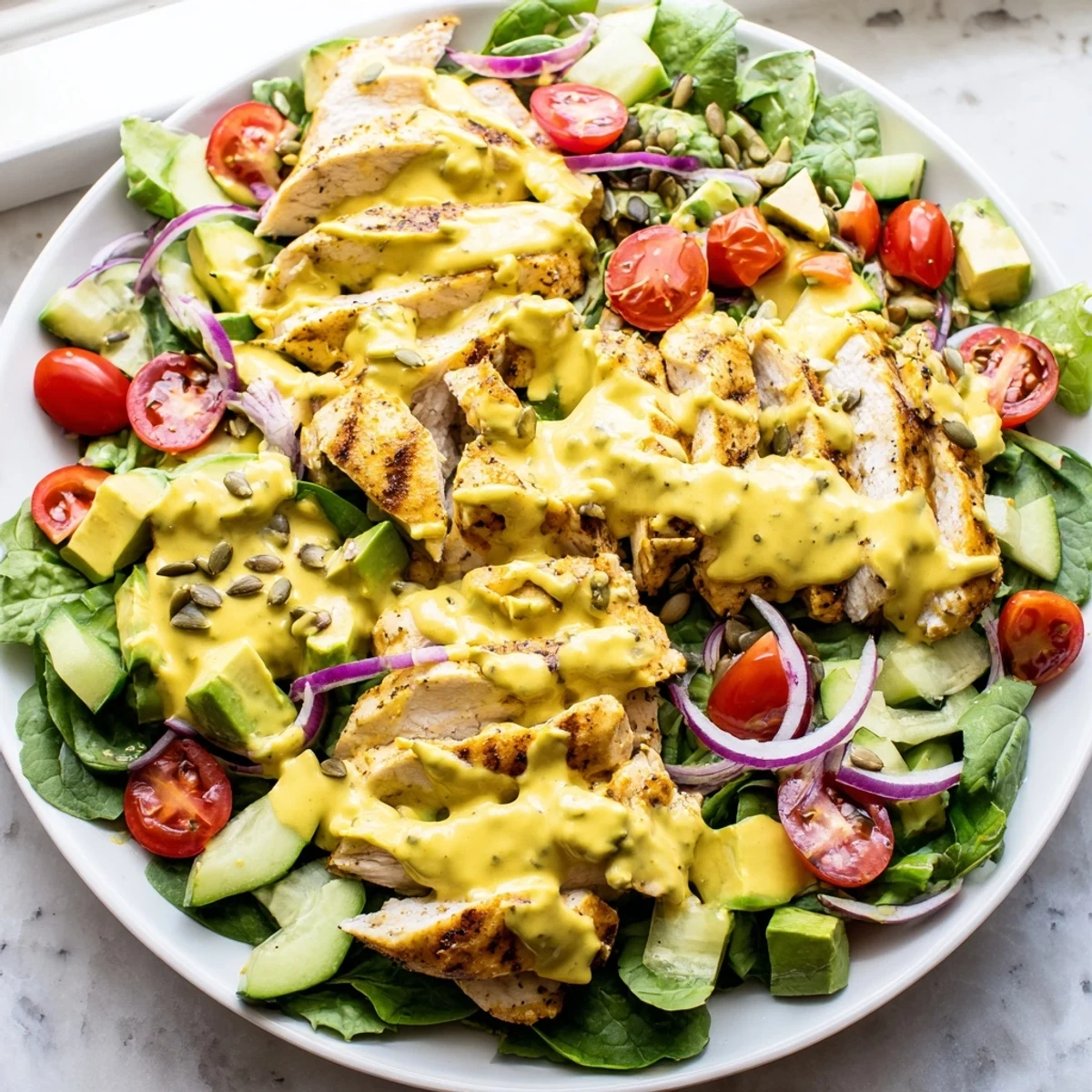 Creamy honey mustard chicken salad nestled on crisp greens with juicy tomatoes and avocado