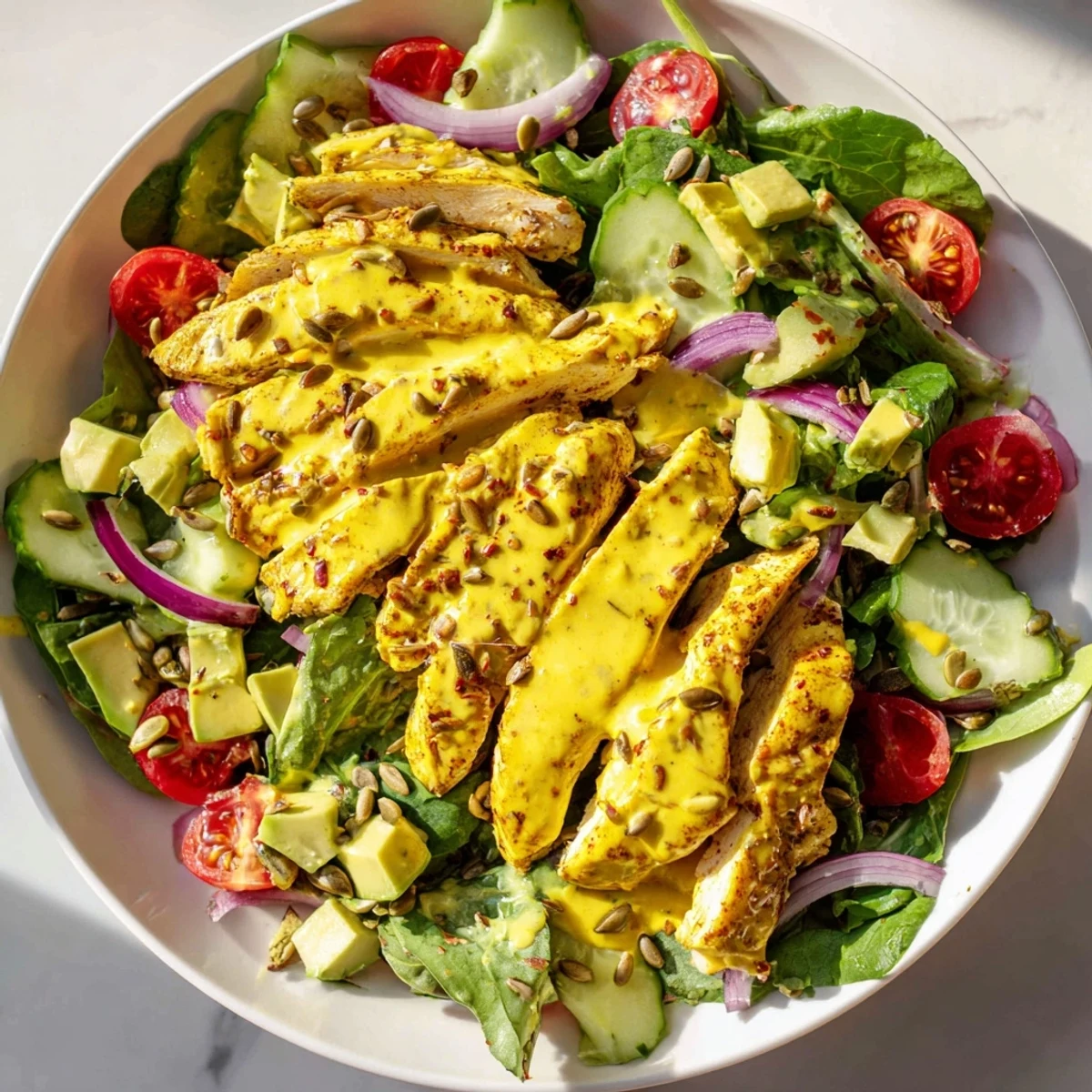 Sliced chicken drizzled with golden honey mustard dressing over a colorful fresh garden salad