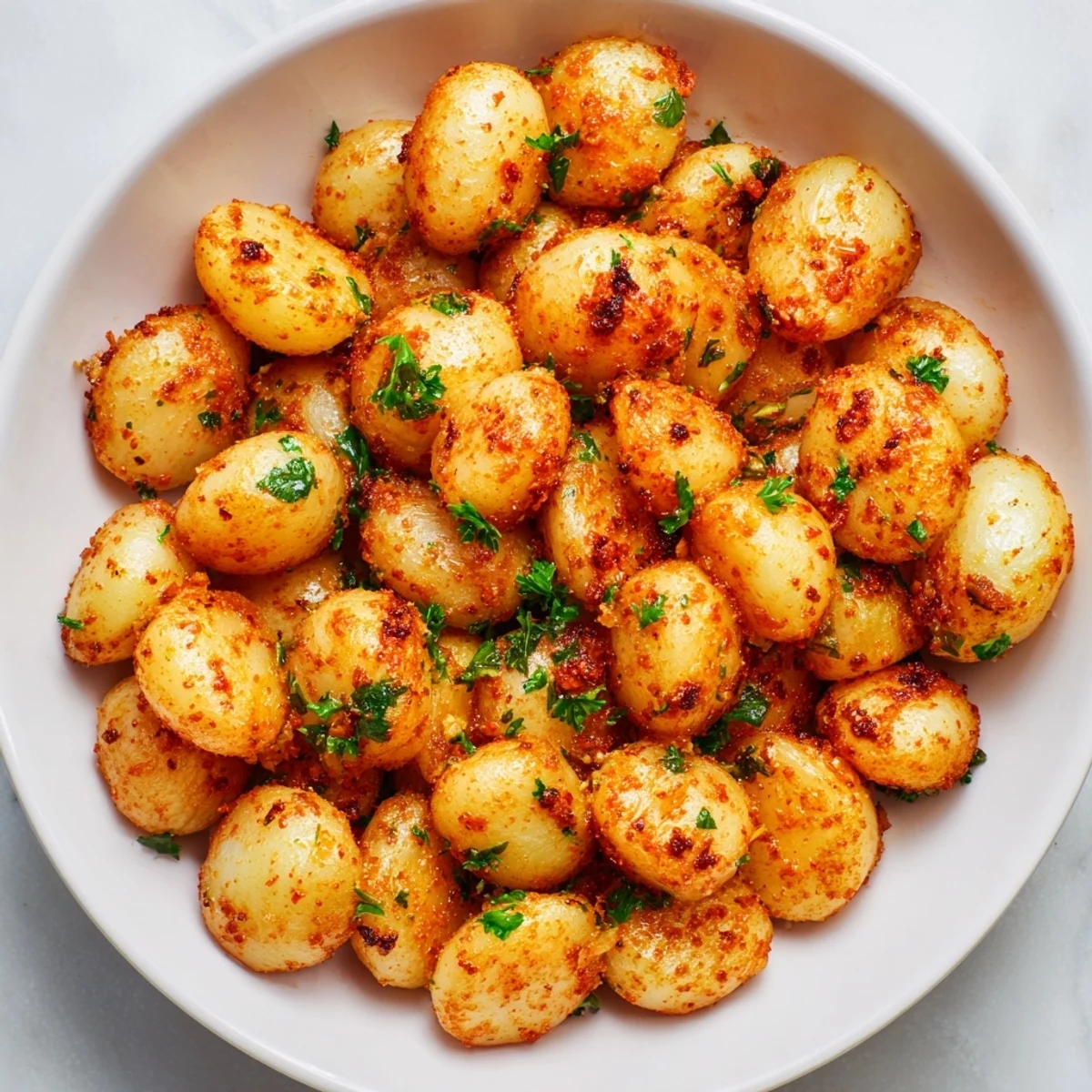 Golden crispy air fried pearl onions served hot in a rustic bowl